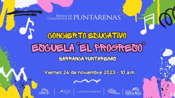 Concierto Didáctico | Banda de Conciertos de Puntarenas Fondo azul con manchas de pintura de muchos colores y notas musicales