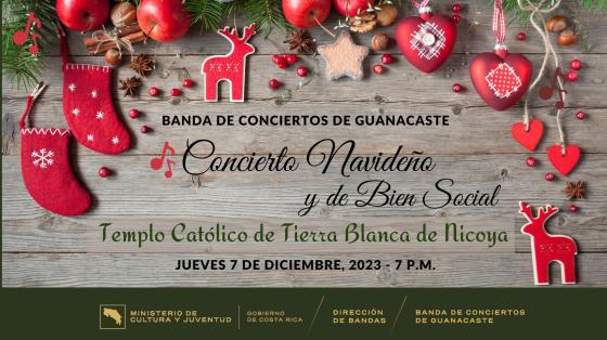 Concierto Navideño y Bien Social | Banda de Conciertos de Guanacaste Botitas navideñas y adornos rodeando el título del concierto