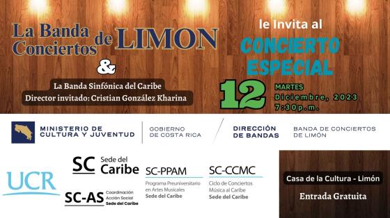 Concierto Especial | Banda de Conciertos de Limón Fondo de pared de madera con luces y letras en grandes y de diferentes colores anunciando el concierto