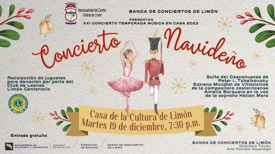 Concierto Navideño | Banda de Conciertos de Limón Dibujo de bailarina con soldadito Cascanueces y adornos navideños a su alrededor