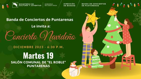 Concierto Navideño | Banda de Conciertos de Puntarenas Dibujo de familia poniendo la estrella sobre arbolito navideño con un fondo verde y copos de nieve