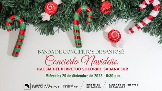 Concierto Navideño Templo parroquial "Perpetuo Socorro" | Banda de Conciertos de San José Foto de bastoncitos de caramelo y golosinas navideñas de fondo anunciando el concierto con letras rojas