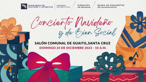 Concierto Navideño y de Bien Social | Banda de Conciertos de Guanacaste Dibujos de regalos con moños de muchos colores con fondo blanco anunciando el concierto en Guaitíl