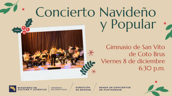 Concierto Navideño en Gira a San Vito de Coto Brus | Banda de Conciertos de Puntarenas Foto de la Banda de Puntarenas estilo polaroid con adornos navideños y fondo rosa