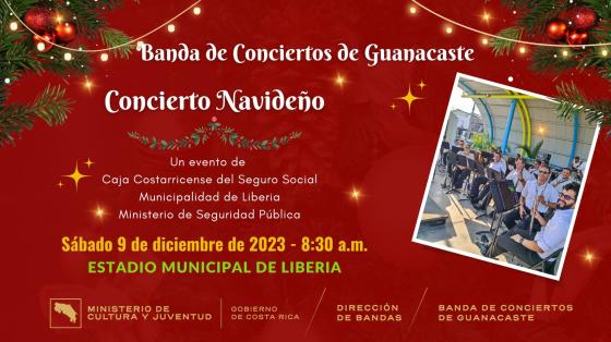 Concierto Navideño | Banda de Conciertos de Guanacaste Foto de la Banda de Conciertos de Guanacaste con un fondo rojo y adornos navideños