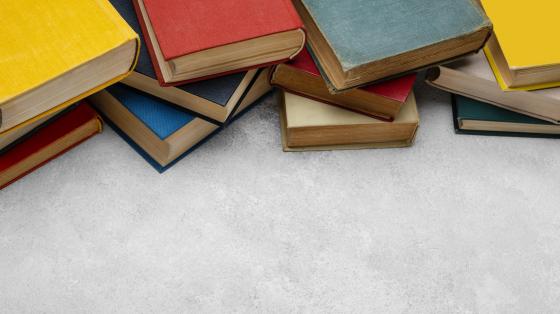 Taller "Papel cortado" y literatura china Fondo gris. En la parte de arriba varios libros de colores apilados.