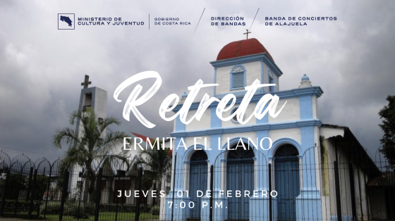Concierto “Retreta en el Llano” | Banda de Conciertos de Alajuela Foto de la fachada de la Ermita del Llano con atardecer nuboso de fondo