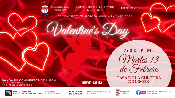 Concierto “Especial de San Valentín” | Banda de Conciertos de Limón Corazones en neón rosa rodeando un cupido sobre fondo rojo