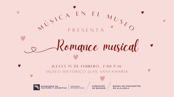 Concierto “Romance Musical” en Celebración del Día del Amor y la Amistad | Banda de Conciertos de Alajuela Palabras escritas en cursiva en color rojo que dicen “Romance Musical” con fondo rosa y corazones alrededor