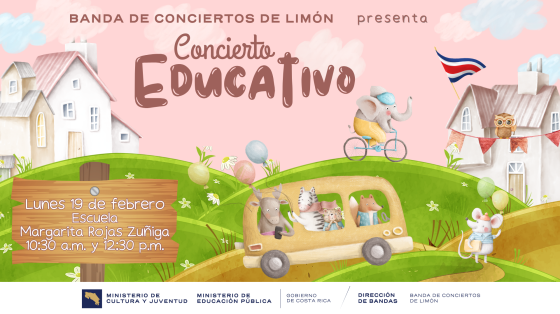 Dibujos en colores rosas de un elefantito y otros animalitos yendo hacia la EsuelaMargarita Rojas Zúñiga | Banda de Conciertos de Limón