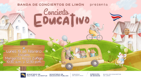 Concierto Educativo en Escuela Margarita Rojas Zúñiga | Banda de Conciertos de Limón Dibujos en colores rosas de un elefantito y otros animalitos yendo hacia la EsuelaMargarita Rojas Zúñiga | Banda de Conciertos de Limón