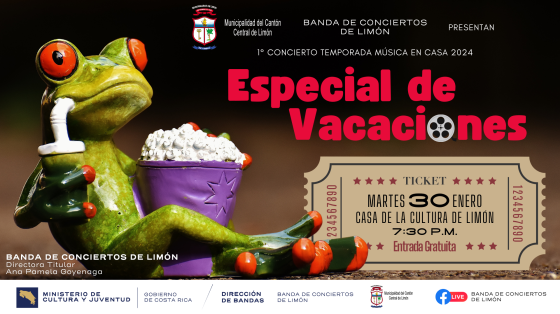 Concierto “Especial de Vacaciones” | Banda de Conciertos de Limón Rana costarricense con palomitas de maíz y refresco sentada cómodamente para ver una película