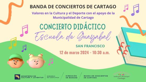 Concierto Didáctico Colegio El Guayabal | Banda de Conciertos de Cartago dibujos de dos niños y libro rodeados de notas musicales