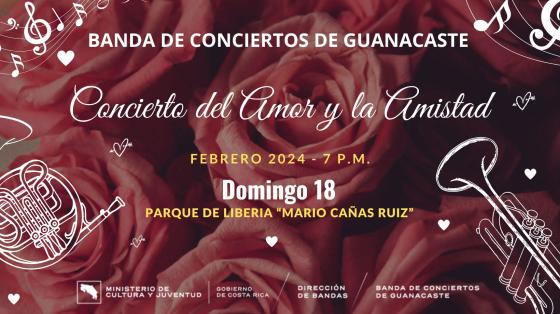 Concierto del Amor y la Amistad" | Banda de Conciertos de Guanacaste Dibujos de instrumentos de banda con un fondo de rosas invitando al concierto