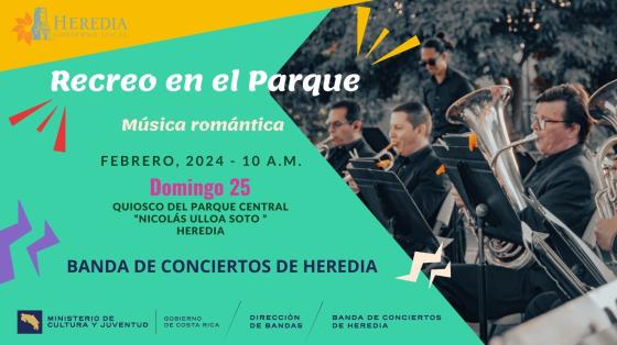 Concierto "Recreo en el Parque" | Banda de Conciertos de Heredia Foto de músicos de la banda sobre fondo verde menta y adornos de colores