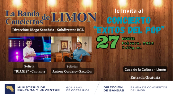 Éxitos del Pop - Banda de Conciertos de Limón fotos de los artistas invitados sobre un fondo color madera