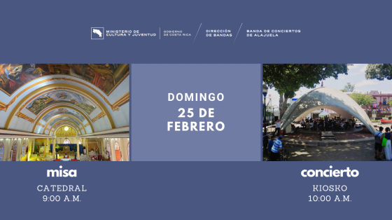 Misa de Tropa y Concierto Dominical | Banda de Conciertos de Alajuela Foto de la capilla de la catedral de Alajuela y del quiosco del parque central