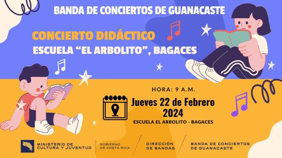 Concierto Didáctico en la Escuela "El Arbolito" Bagaces | Banda de Conciertos de Guanacaste Niño y niña leyendo con notas musicales a su alrededor
