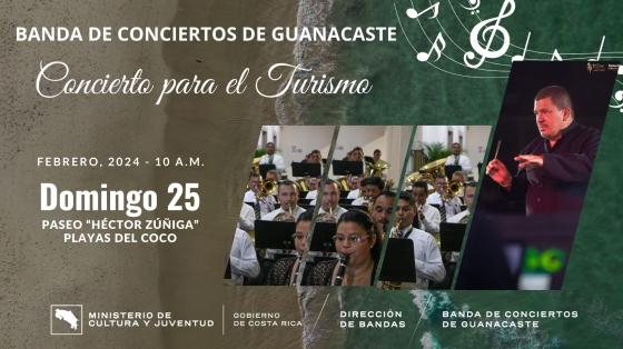 Concierto para Turismo en Playas del Coco | Banda de Conciertos de Guanacaste Collage con foto del Director Ronald Estrada y Músicos sobre un fondo de playa