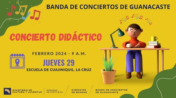 Concierto Didáctico en Escuela de Cuajiniquil, La Cruz | Banda de Conciertos de Guanacaste Dibujo de niño en su escritorio aprendiendo rodeado de música