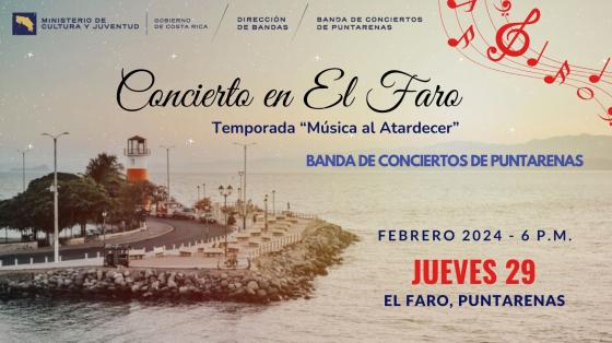 Concierto en "El Faro", Música al Atardecer | Banda de Conciertos de Puntarenas Fotografía aérea del Faro en la lejanía con el mar a su alrededor en un atardecer hermoso
