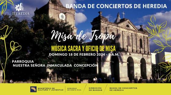 Misa de Tropa | Banda de Conciertos de Heredia Foto de la Iglesia Inmaculada Concepción con luz de atardecer y dibujos de flores a su alrededor