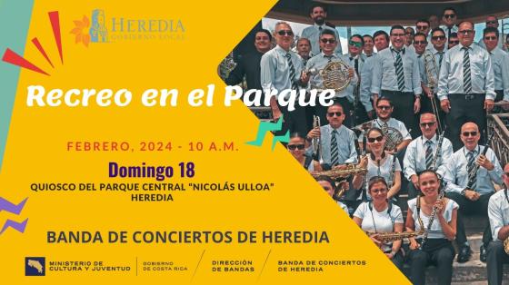 Foto de la Banda de Conciertos de Heredia en el quiosco del parque central con fondos amarillos y coloridos