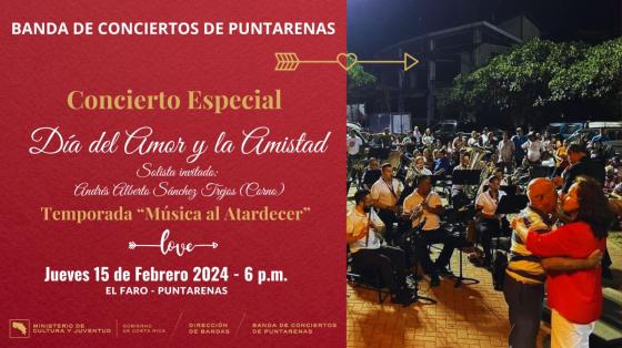 Concierto del Amor y la Amistad "Música en el Faro" | Banda de Conciertos de Puntarenas Foto de una pareja bailando bolero al aire libre en una noche romántica con la Banda de Conciertos de Puntarenas