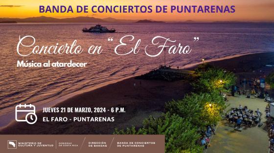 Concierto en El Faro "Música al Atardecer" | Banda de Conciertos de Puntarenas Foto con dron del mar y a lo lejos se observa a la Banda de Conciertos de Puntarenas tocando en el Faro