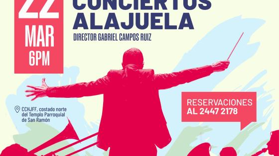 Concierto de Ensamble de Maderas y Percusión" | Banda de Conciertos de Alajuela Foto de un director en colores rojos y fondos celestes