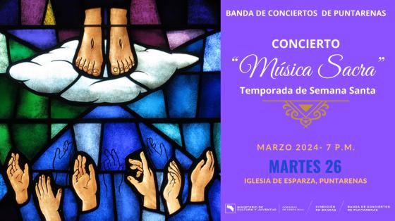 Concierto Especial de Música Sacra | Banda de Conciertos de Puntarenas Foto de un vitral que muestra los pies de Jesús y manos desde abajo que lo aclaman
