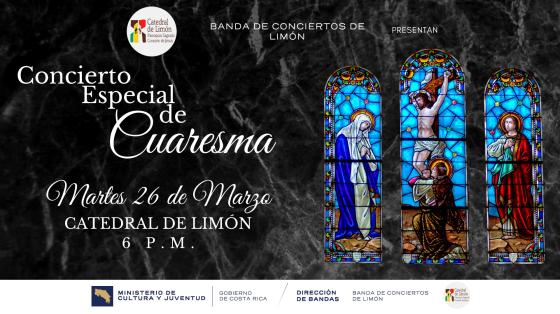 Concierto Especial II de Semana Mayor | Banda de Conciertos de Limón Foto de los vitrales de una catedral que muestran a Jesús, María y Magdalena