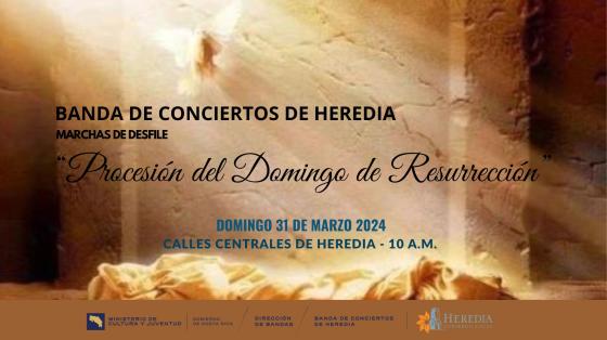 Procesión de Domingo de Resurrección | Banda de Conciertos de Heredia Imagen de una paloma con rayos de luz sobre una cueva vacía y un manto en alusión a Jesús resucitado