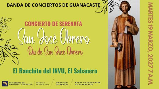 Concierto de Serenata "San José Obrero" | Banda de Conciertos de Guanacaste foto de una escultura de San José Obrero sobre fondo amarillo