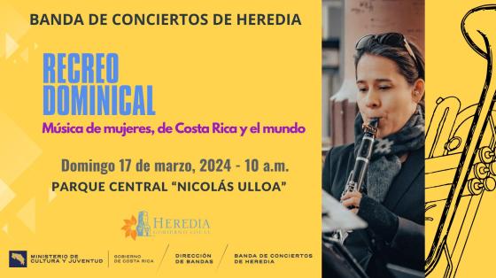 Concierto "Recreo en el Parque" | Banda de Conciertos de Heredia Foto de clarinetista mujer sobre fondo amarillo con el dibujo de una trompeta a su lado