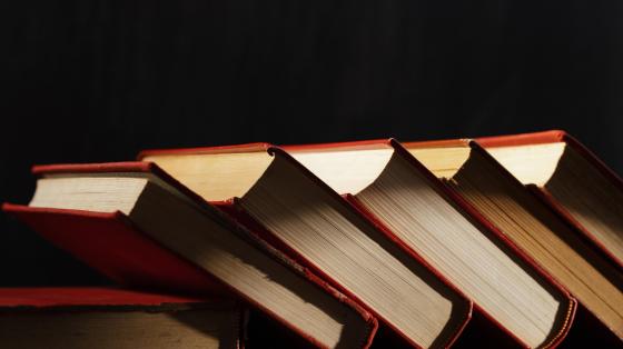 Exposición "Novelas que se resisten al olvido" Fondo negro. Libros inclinados a media luz.