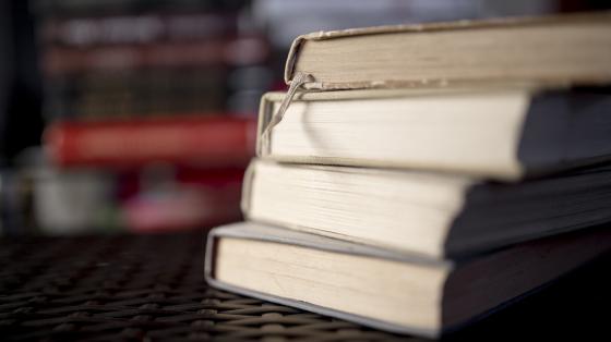 Fondo difuminado. Sobre una mesa, una torre de libros a la derecha.