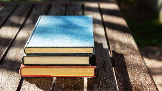 Libros en exteriores sobre una mesa de madera.