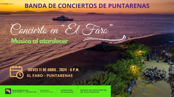 Música en "El Faro" | Banda de Conciertos de Puntarenas Foto de la playa del puerto tomada con dron y a lo lejos se observa a la Banda de Conciertos de Puntarenas con un atardecer de fondo