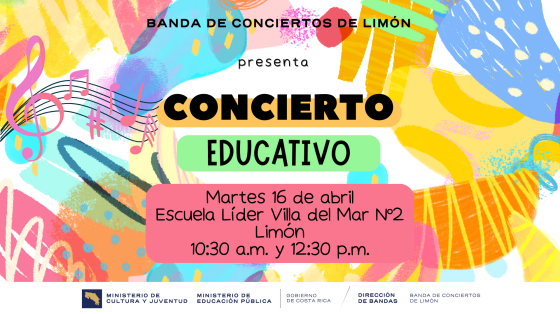Concierto Educativo "Escuela Líder" | Banda de Conciertos de Limón Formas de colores encendidos con el anuncio del concierto
