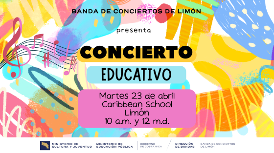 Concierto Educativo en "Caribbean School" | Banda de Conciertos de Limón notas musicales y figuras de colores anunciando el concierto