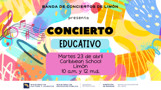 notas musicales y figuras de colores anunciando el concierto