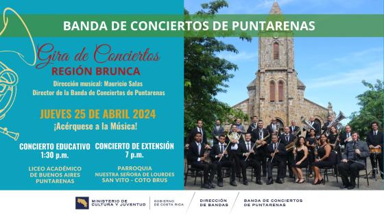 Gira Musical Región Brunca Conciertos I y II | Banda de Conciertos de Puntarenas Foto de los músicos de la Banda vestidos muy elegantes con la catedral de Puntarenas al fondo