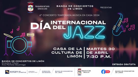 Concierto "Día Internacional del Jazz” | Banda de Conciertos de Limón letras neón que dicen la palabra Jazz con instrumentos de colores en neón también