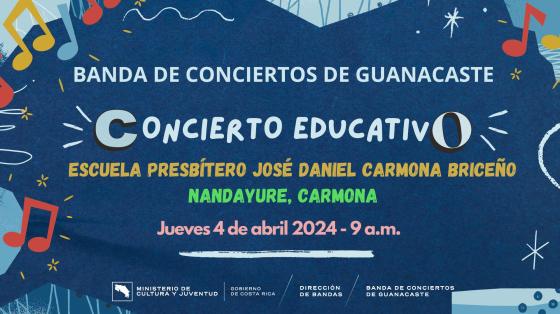 Concierto Educativo en Nandayure | Banda de Conciertos de Guanacaste Figuras de colores y notas musicales anunciando el concierto