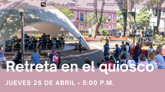 Concierto "Retreta en el Quiosco" | Banda de Conciertos de Alajuela Foto del quiosco con la Banda de Alajuela tocando y mucho público a su alrededor