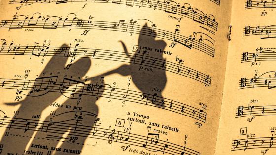 Una partitura y la sombra de una mano sosteniendo una flor