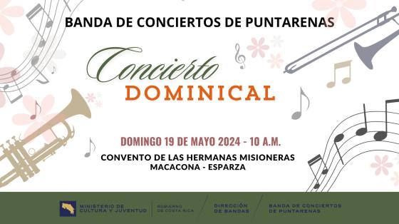 Concierto Dominical | Banda de Conciertos de Puntarenas Dibujos de instrumentos de viento y percusión sobre fondo claro con notas musicales y flores