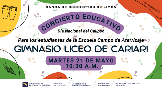 Concierto Educativo "Escuela Campo de Aterrizaje"| Banda de Conciertos de Limón notas musicales en fondo rosa