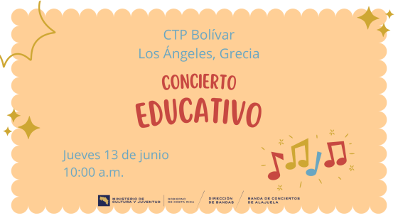 Concierto Didáctico en CTP Simón Bolívar | Banda de Conciertos de Alajuela postalita amarilla con notas musicales de colores